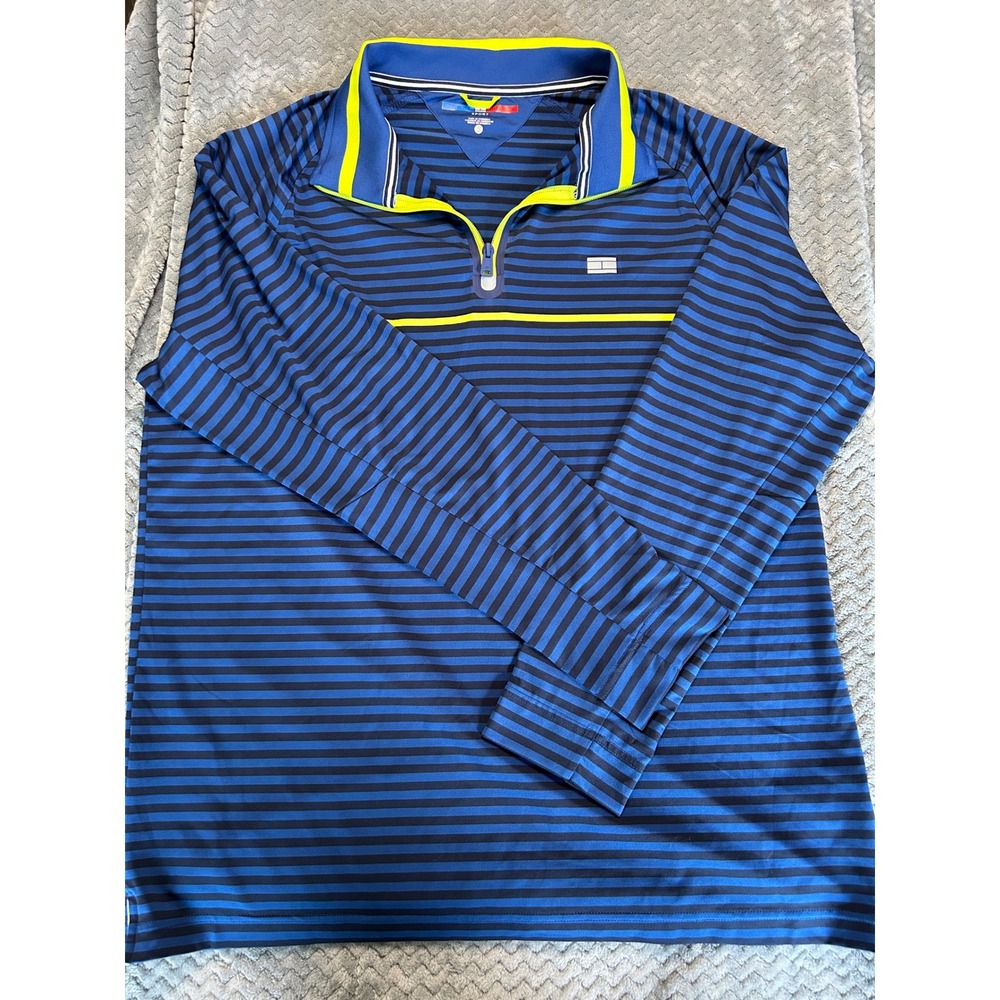 Tommy Hilfiger Sport Mens XL Quarter Zip Pullover‎ Blue Striped Performance Top